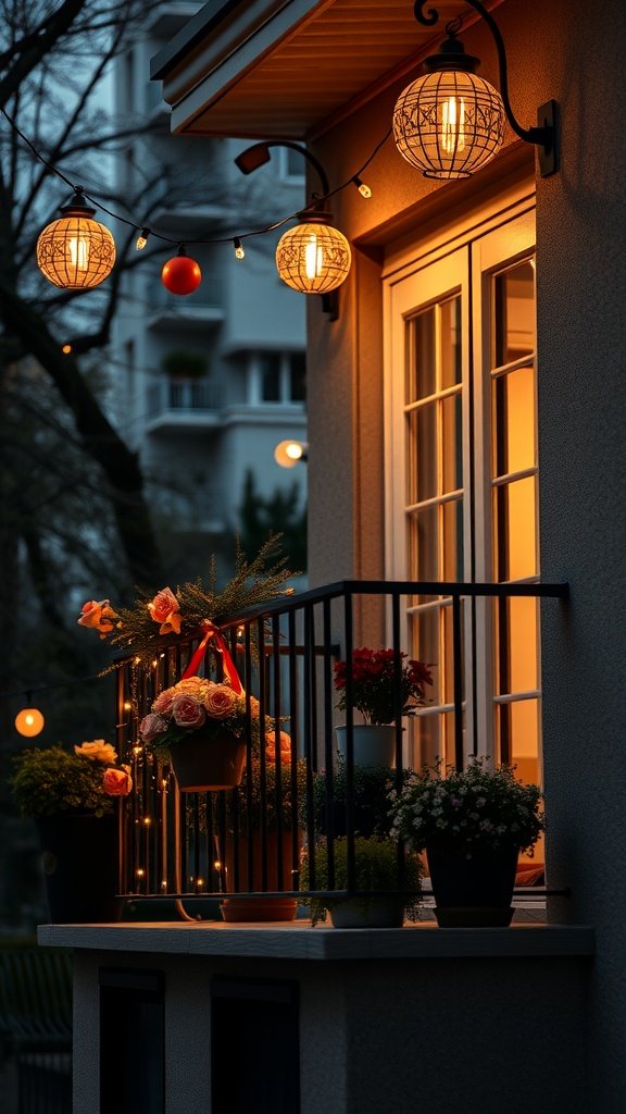 A cozy small patio adorned with string lights and lanterns, featuring vibrant flowers in pots.