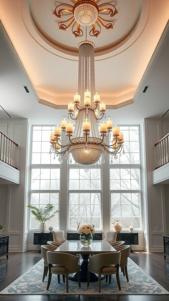Elegant chandelier hanging from a high ceiling in a dining area with large windows.