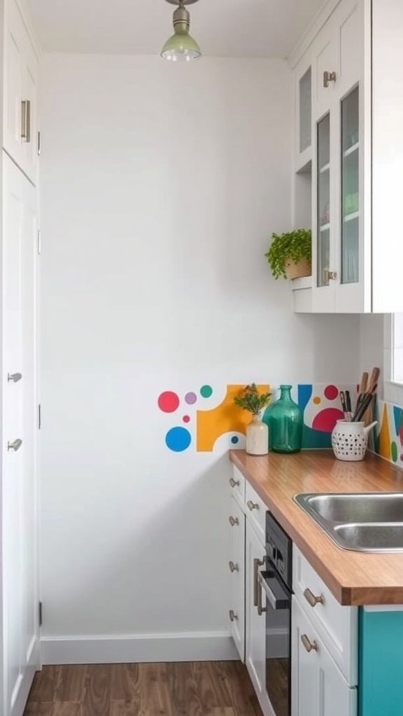 A cozy kitchen featuring a colorful backsplash with dots and shapes.