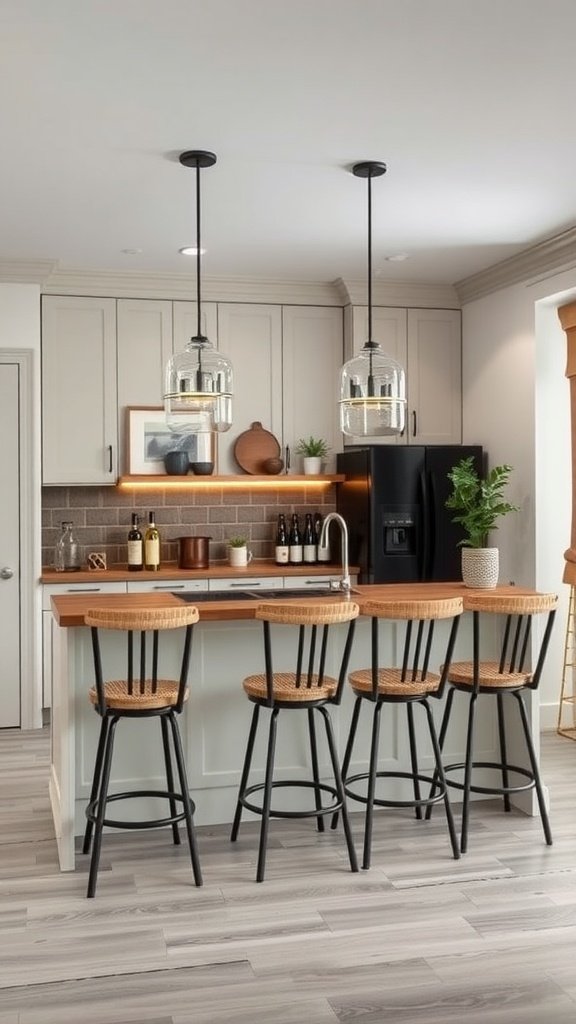 A modern kitchen with a stylish bar area featuring wooden stools and elegant lighting.
