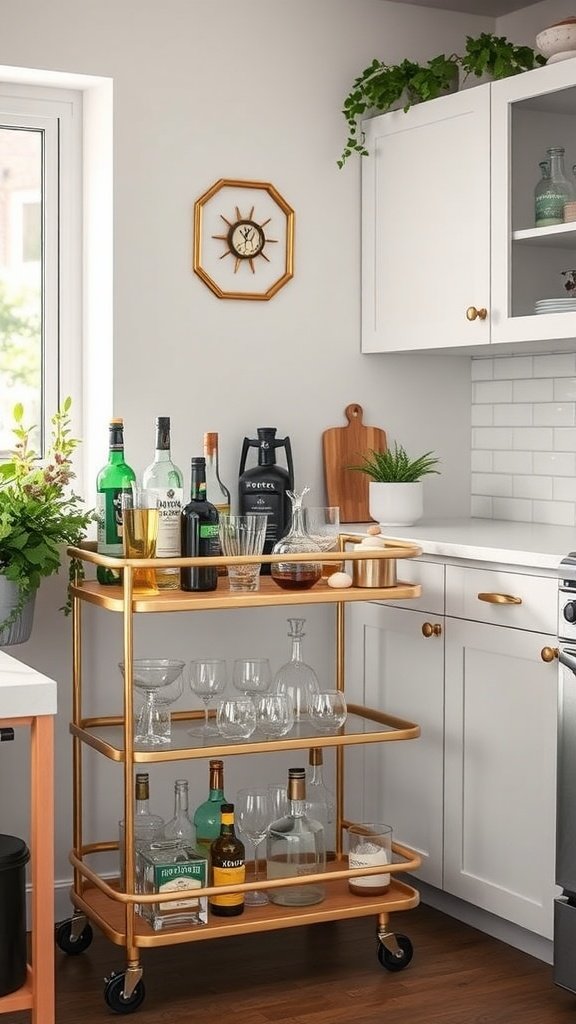 A stylish bar cart displaying various bottles and glasses in a modern kitchen setting.
