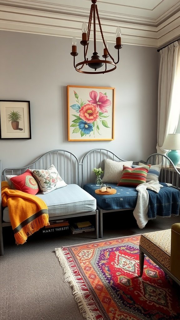 Stylish bedroom featuring two daybeds with colorful cushions and a warm ambiance.