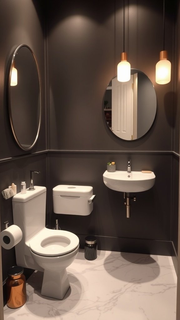 A stylish half bathroom featuring unique fixtures and modern decor.