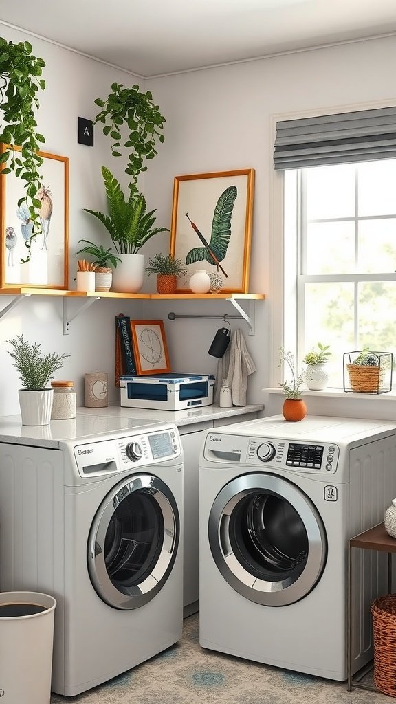 A stylish laundry room featuring a washer and dryer, plants, and artwork on the walls.