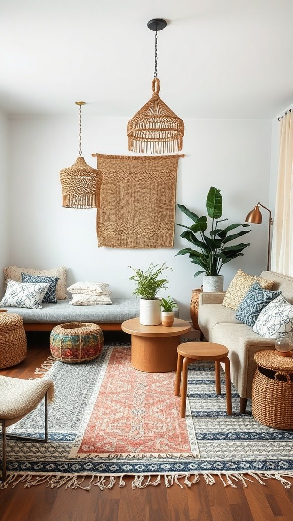 A colorful boho living room with layered textures including rugs, cushions, and plants.