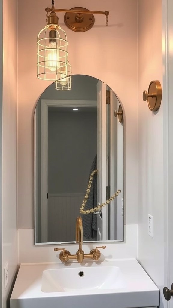 A stylish half bathroom featuring a vintage cage light fixture above a modern sink and a round mirror.