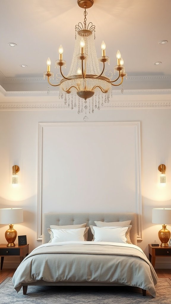 Elegant bedroom with chandelier and stylish lighting fixtures