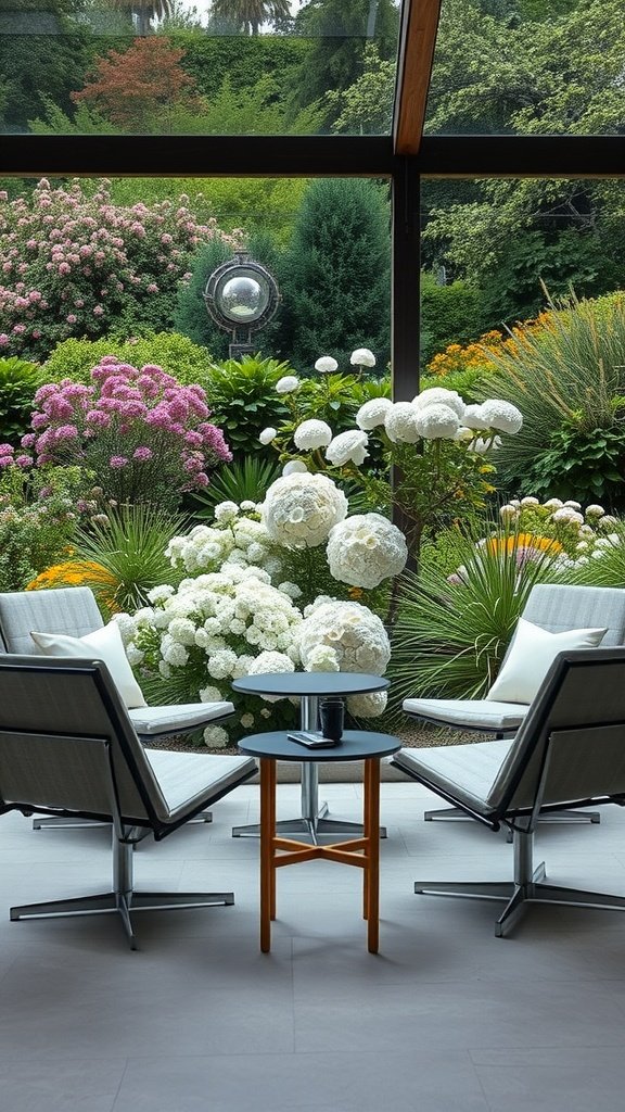 Stylish outdoor lounge chairs with a view of a vibrant garden.