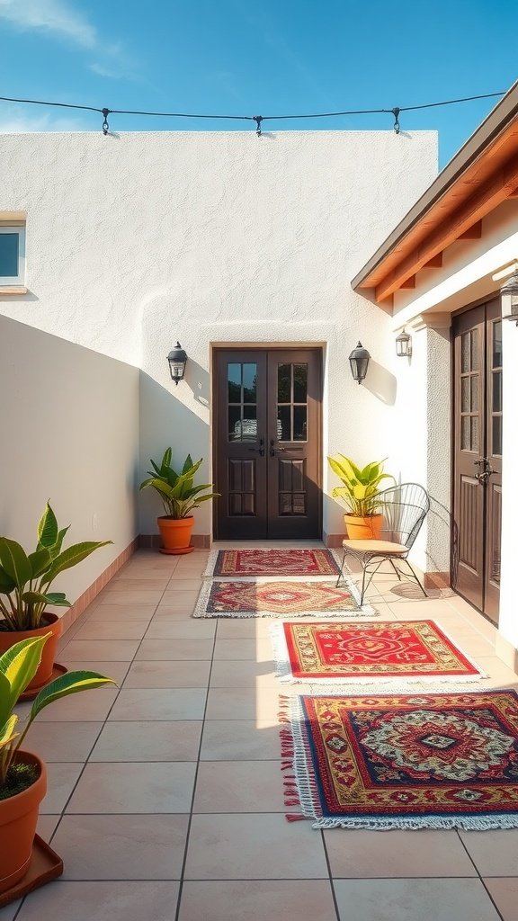 A stylish patio featuring decorative rugs and potted plants.