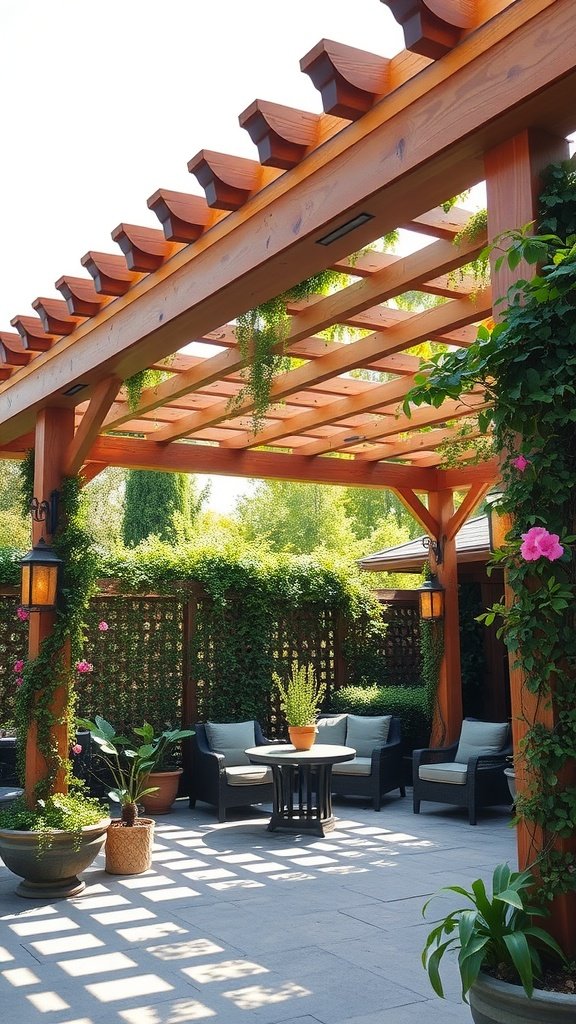 Stylish wooden pergola with plants and seating area