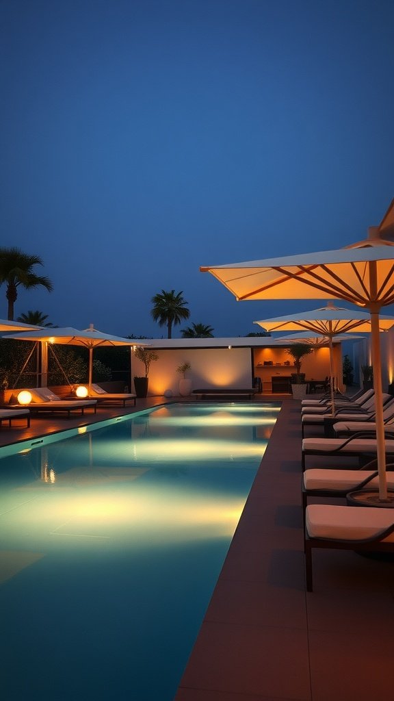 Stylish poolside area with lounge chairs and umbrellas at night