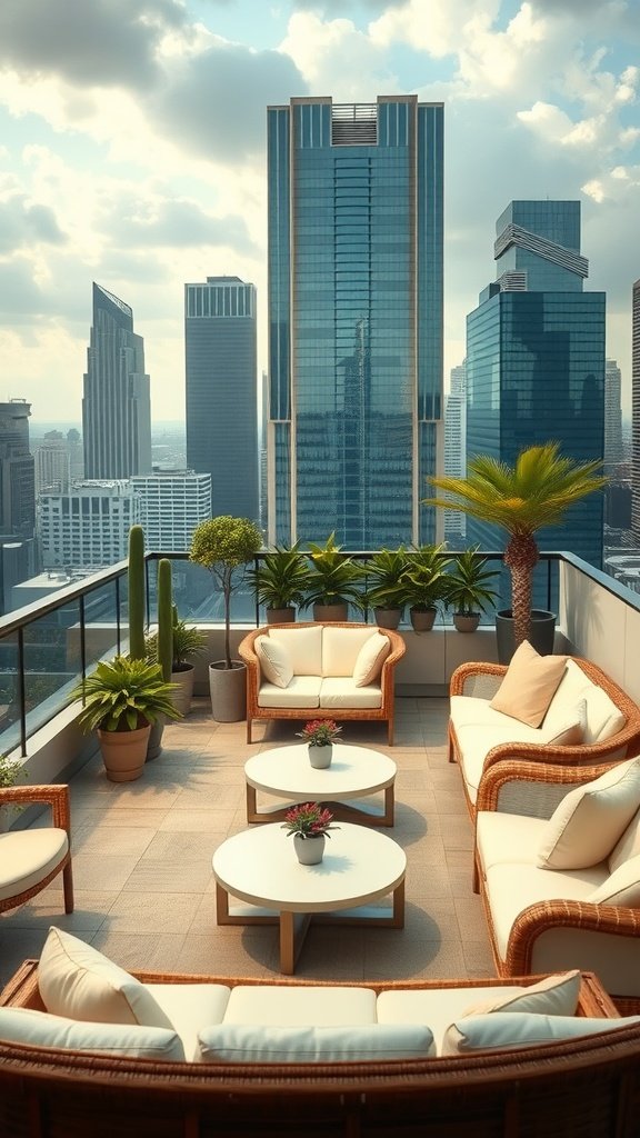 A stylish rooftop lounge with cozy seating, plants, and a city skyline view.