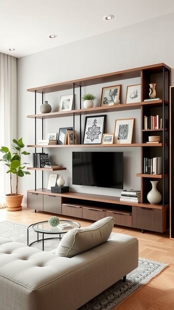 A stylish living room featuring a modern open shelving unit and a beige sectional sofa.