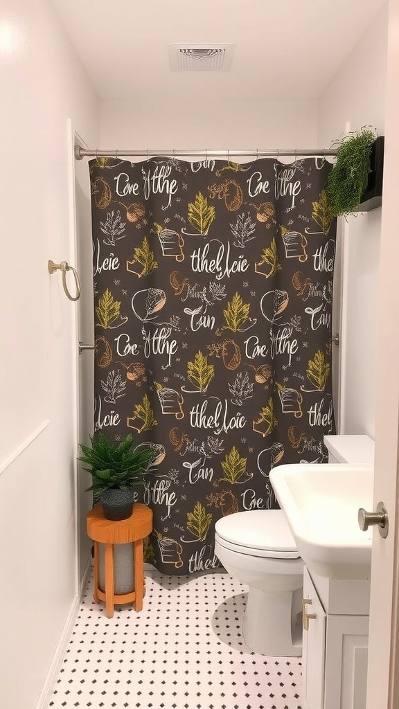 A stylish shower curtain in a half bathroom with decorative plants and modern features.