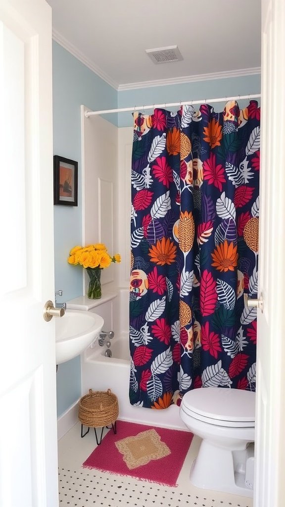 Colorful shower curtain in a small half bathroom