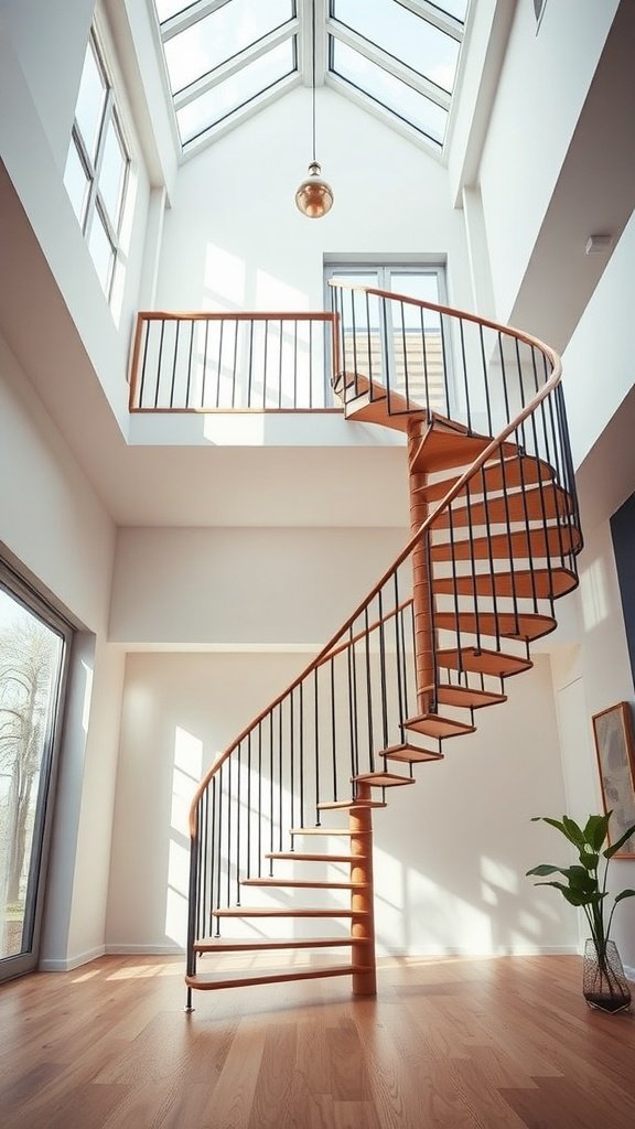 Stylish spiraling staircase with wooden steps and black railings in a bright room with large windows.