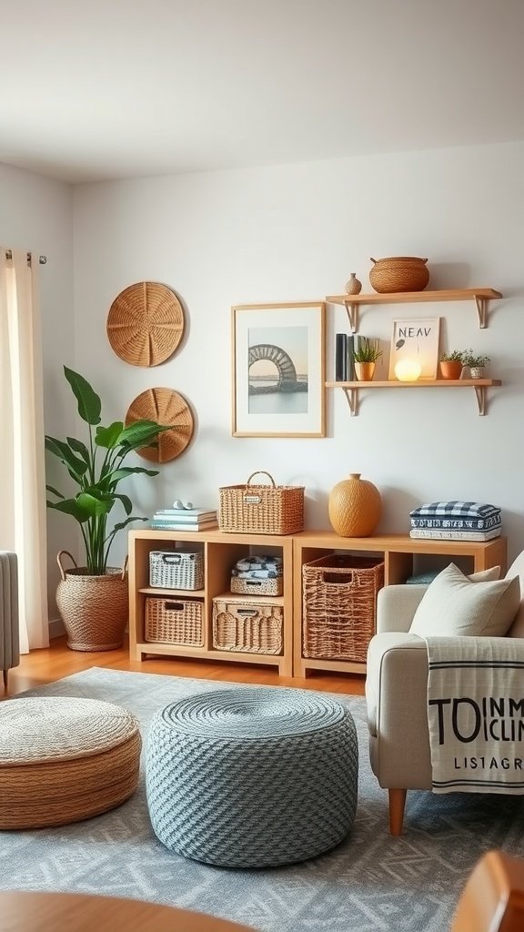 Cozy living room featuring stylish storage solutions with woven baskets and a warm color palette.