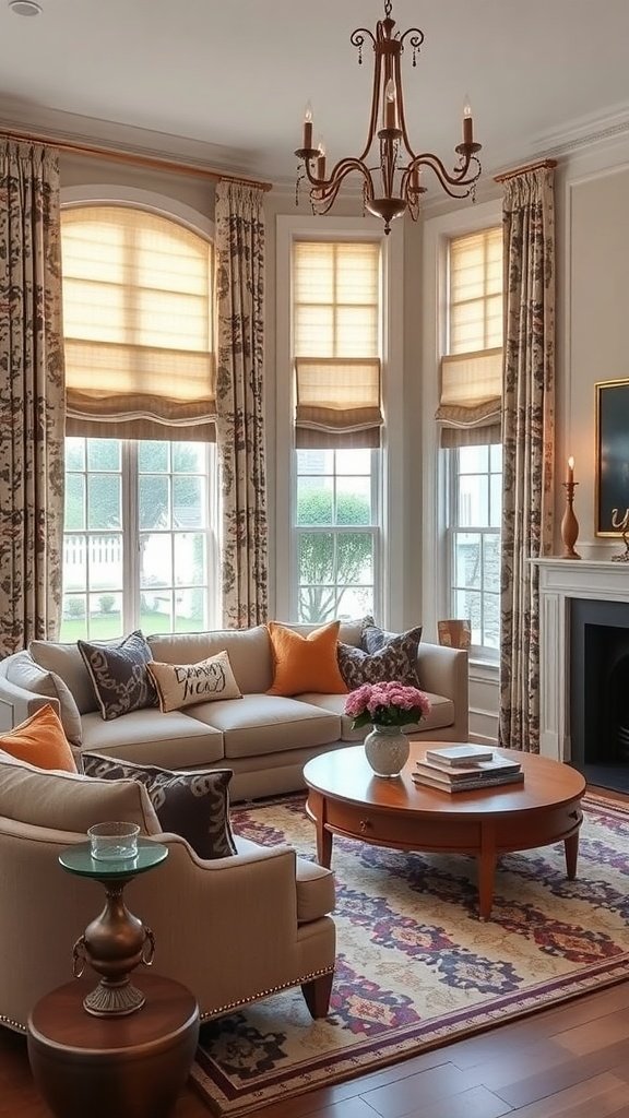 A stylish living room featuring elegant window treatments and a minimalist design.