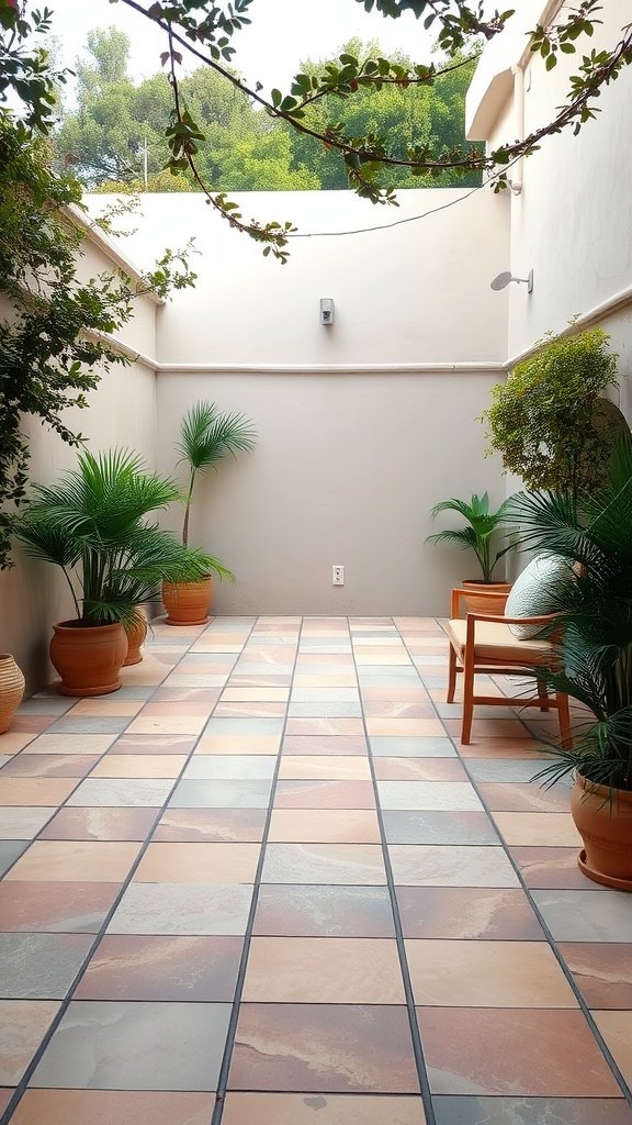 A serene patio area featuring earthy toned tiles, surrounded by plants.