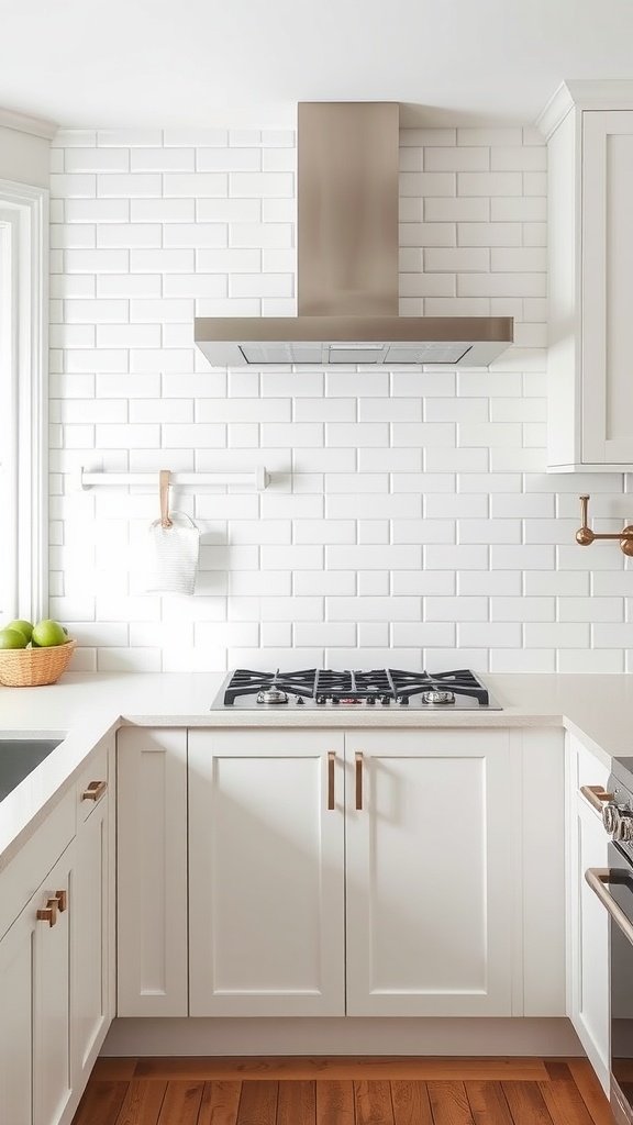 A modern kitchen featuring white subway tiles, a gas stove, and wooden flooring.