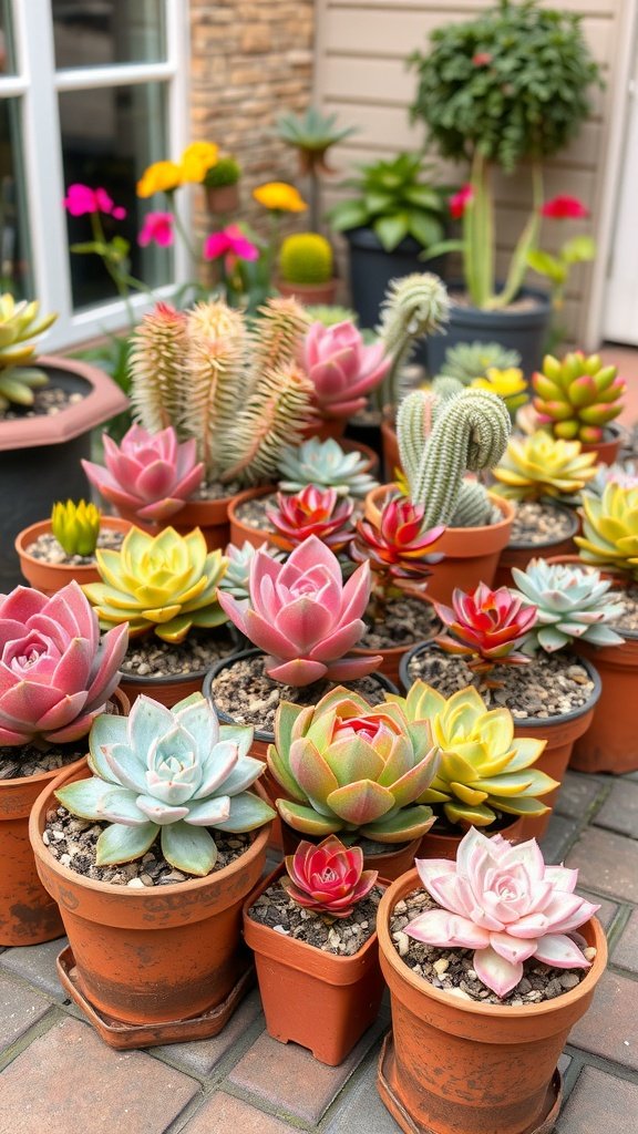 Colorful collection of succulents in terracotta pots on a patio