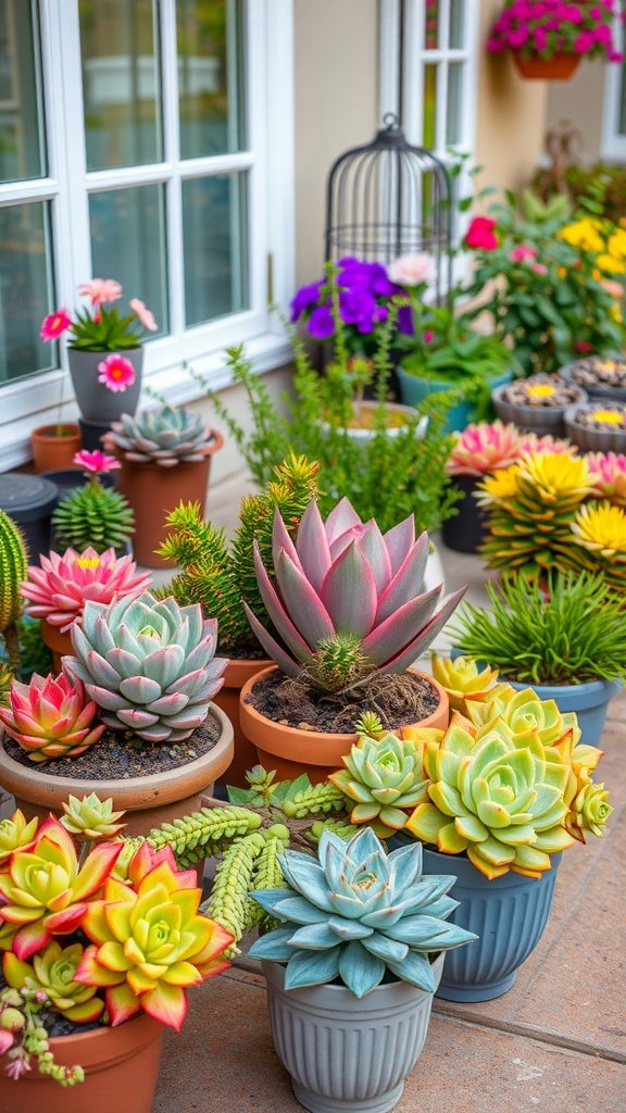 A collection of colorful succulents in various pots on a sunny patio.