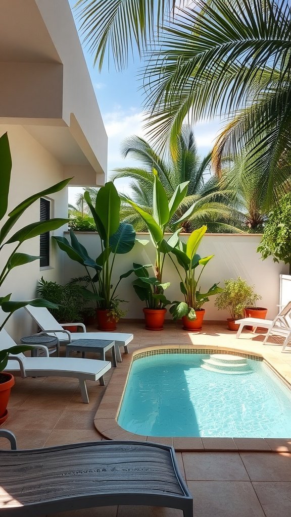 A bright patio with lounge chairs, a small pool, and tropical plants.