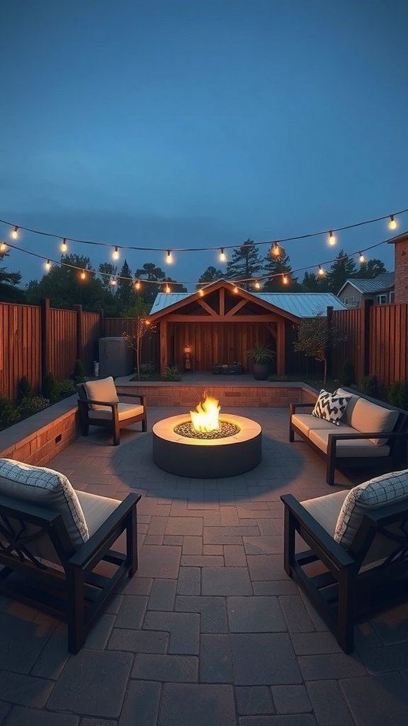 A cozy sunken fire pit lounge with chairs and string lights.