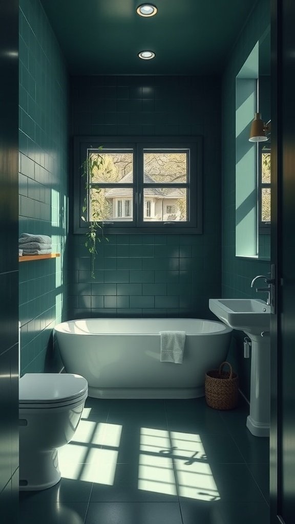 A bright bathroom with emerald walls and a freestanding bathtub, showcasing natural light.
