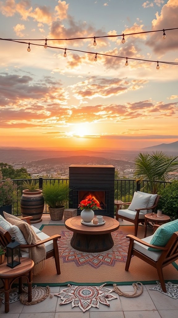 A cozy outdoor boho décor setup with a view of a sunset, featuring warm colors and comfortable seating.