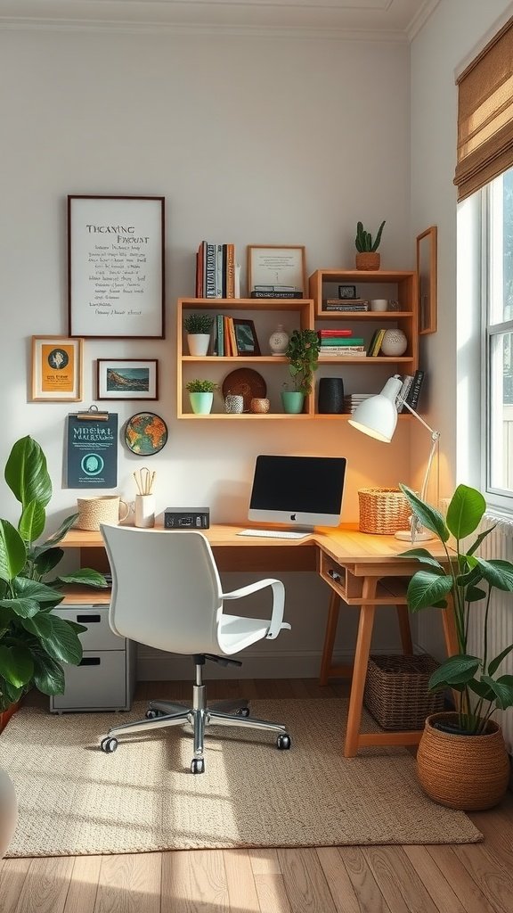 A cozy small home office setup with plants, a desk, and shelves.