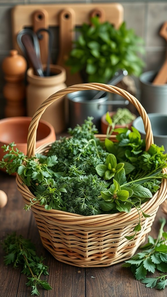 A basket filled with fresh herbs like parsley, mint, and dill, surrounded by kitchen tools.