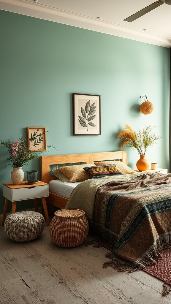 A well-decorated Indian bedroom featuring sustainable design elements.