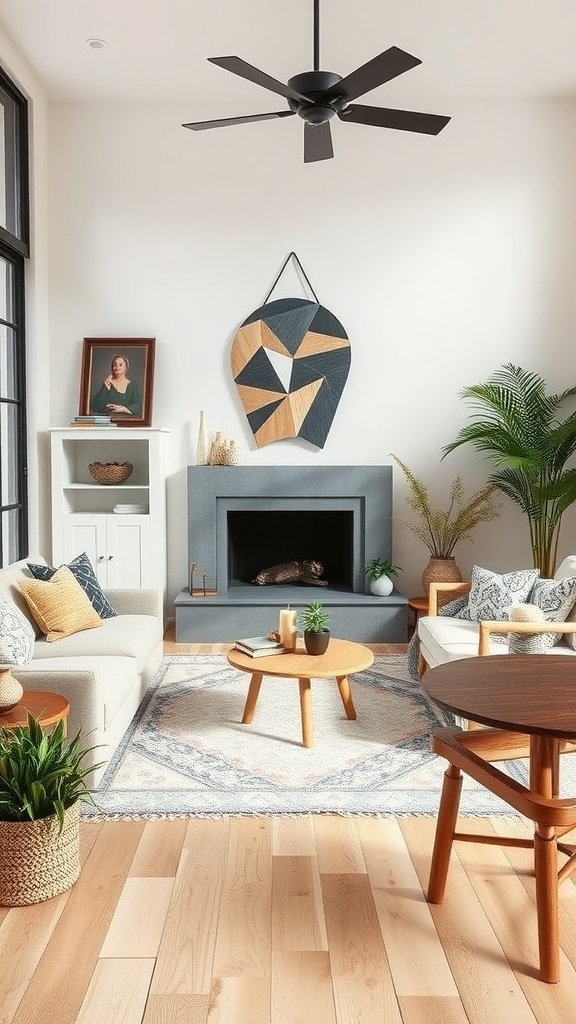 A stylish and sustainable living room featuring an olive couch, wooden table, and plants, blending modern and traditional decor.