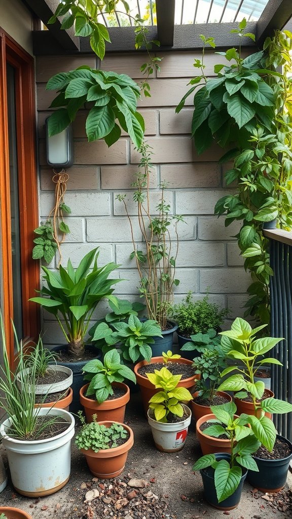 A lush balcony garden with various potted plants, showcasing sustainable gardening ideas.