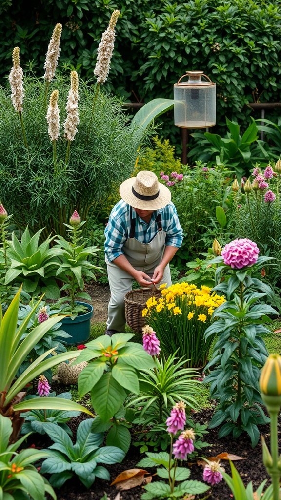 A person tending to a vibrant garden filled with various flowers and plants.