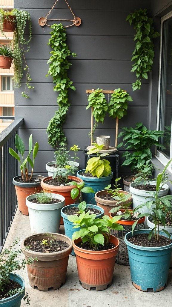 A small balcony garden filled with various potted plants in colorful containers.