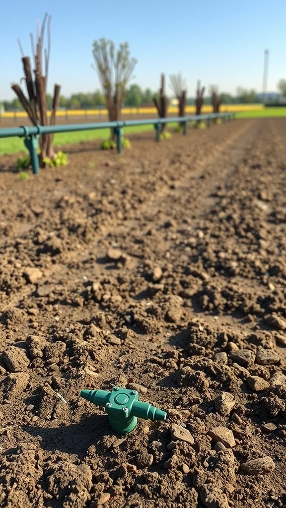 Close-up of a green sprinkler head on a garden bed with soil and newly planted trees in the background.