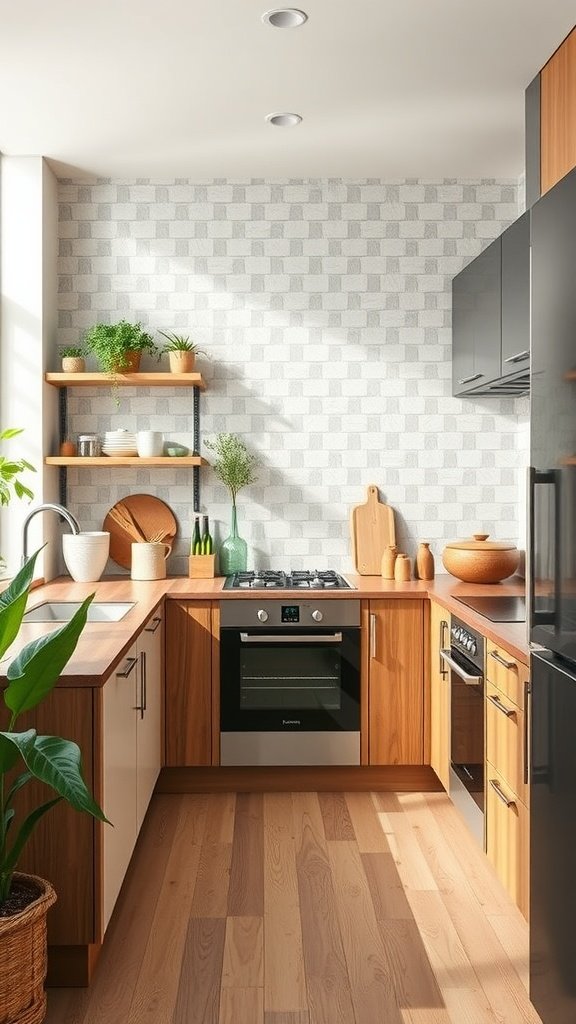 A modern kitchen with tan lower cabinets and white upper cabinets, showcasing sustainable design.