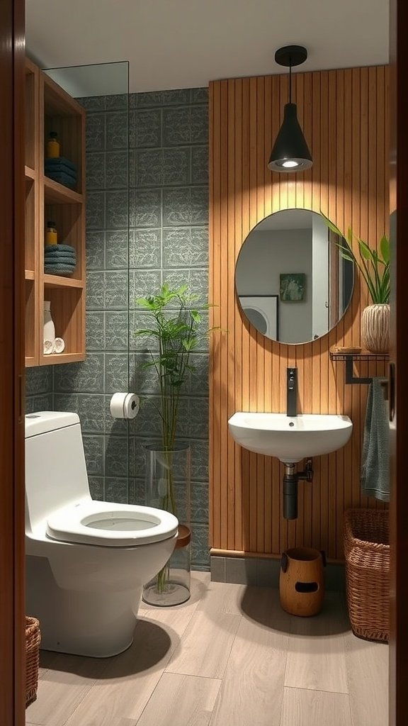 A modern half bathroom showcasing sustainable materials with wooden accents, green plants, and stylish decor.