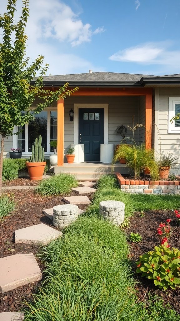 A modern front yard featuring sustainable landscaping with stone pathways and native plants.