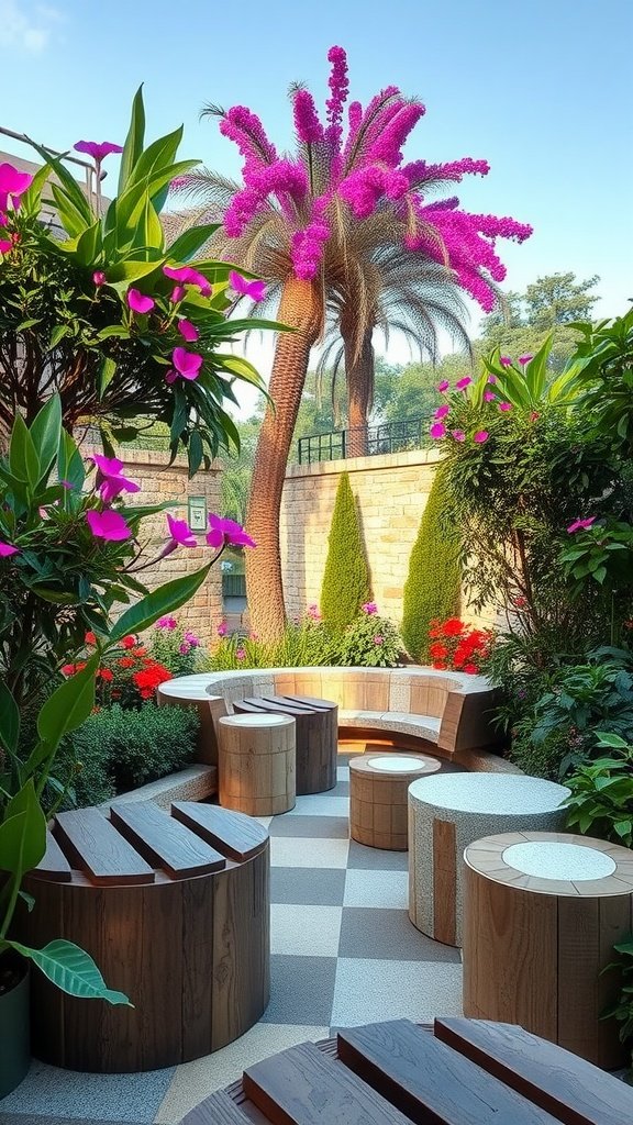 Cozy garden seating area with recycled furniture surrounded by vibrant flowers and greenery