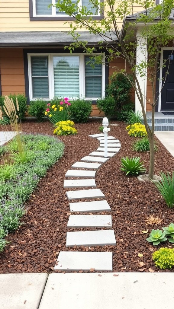 Modern front yard landscaping with stepping stones, flowers, and shrubs.
