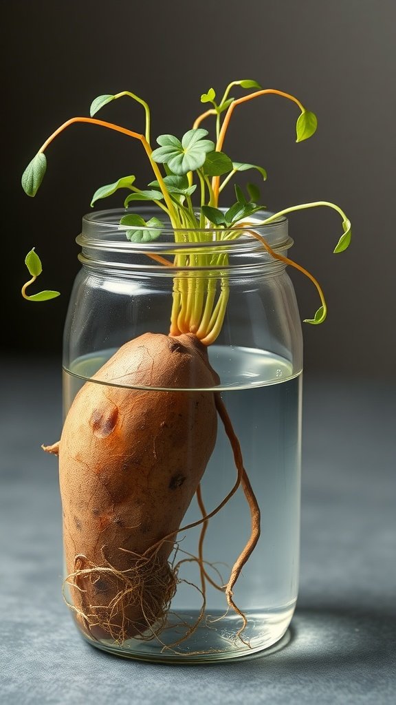 A sprouting sweet potato in a jar filled with water, showcasing its roots and leafy growth.