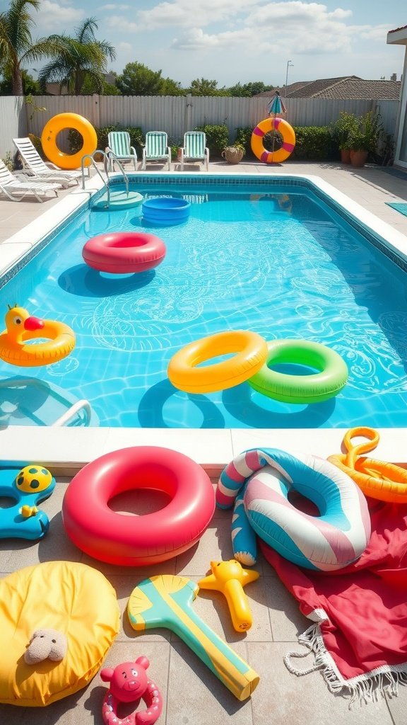 Colorful pool floats around a swimming pool