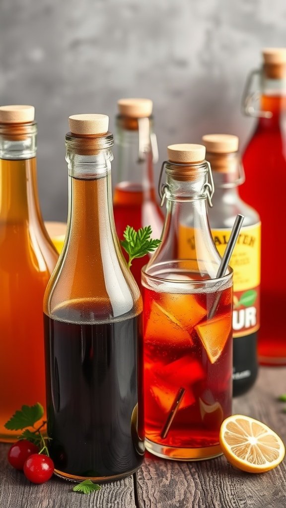 Bottles of syrups and a glass of iced beverage with lemon