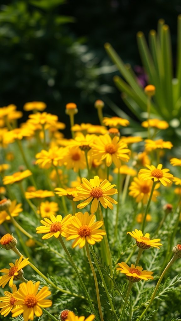 A vibrant cluster of bright yellow Tansy flowers in a garden.