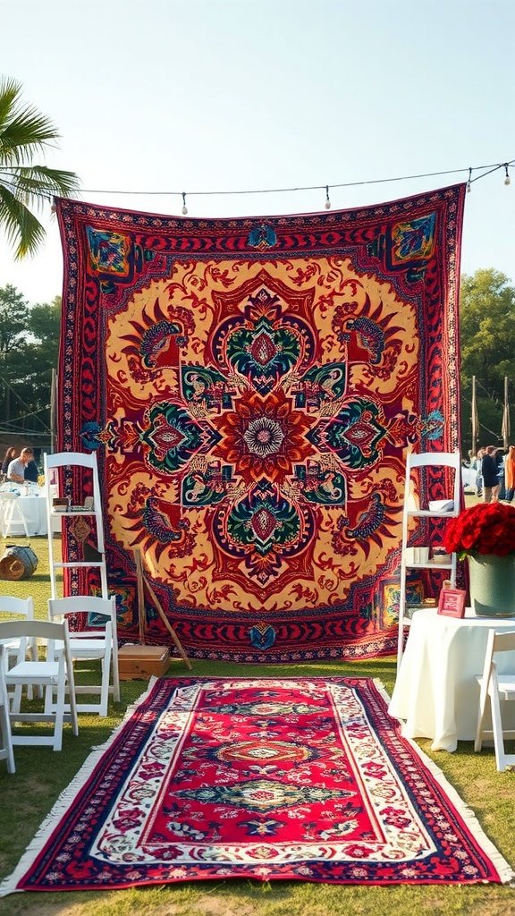 Colorful tapestry backdrop for an outdoor event setting.