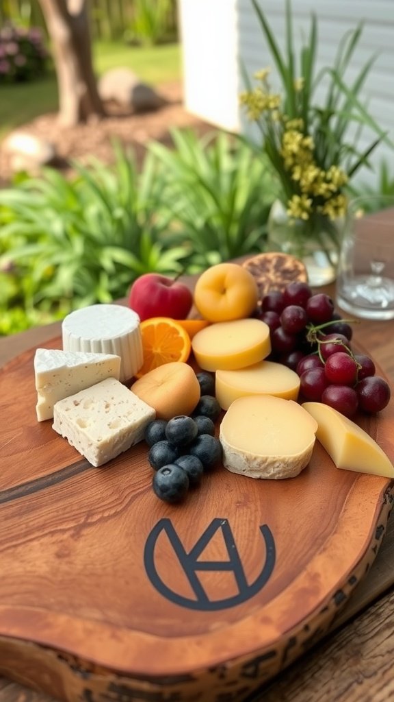 A teak wood serving board with various cheeses, fruits, and a decorative background.