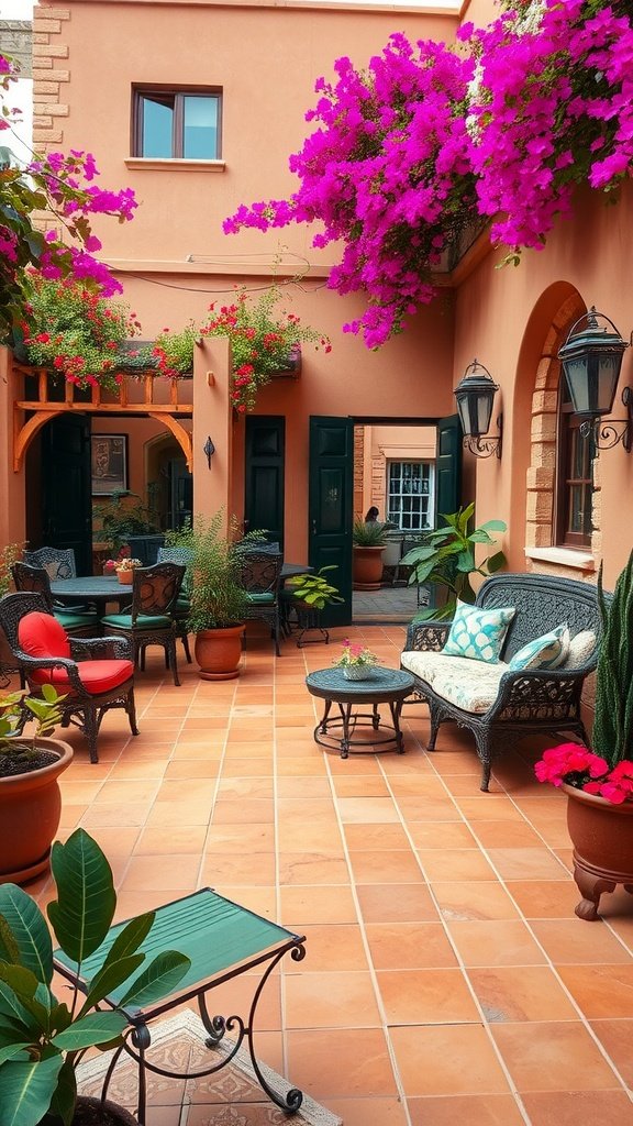 A beautiful patio with terracotta tiles and vibrant flowers.